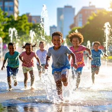 Joyful diverse kids run through city splash pad fountains, laughing in the golden sun. A vibrant image of summer fun, urban childhood energy, and pure happiness for lifestyle marketing.