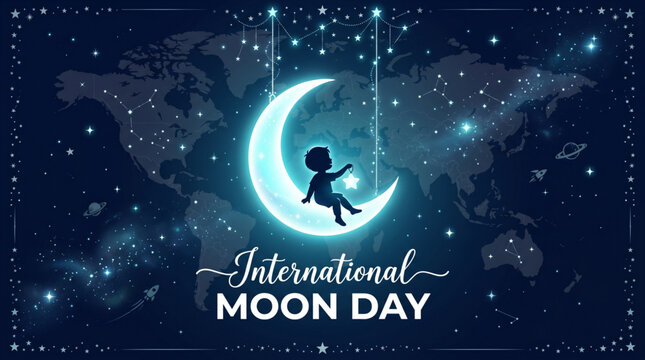 Dreamy international moon celebration illustration with glowing lunar swing and celestial night vector artwork for children themes