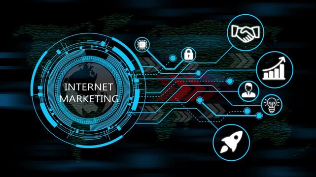 Digital internet marketing design and futuristic user experience concept infographic, Glowing circular dashboard with business, technology, icons and integrated network. world map background
