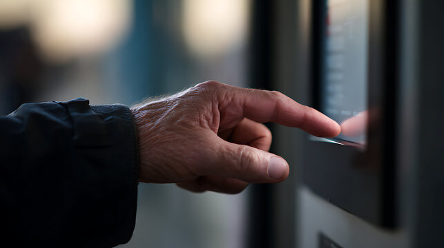 Elderly person's hand interacts with a modern touch screen interface, highlighting accessibility and contemporary technology use by older generations
