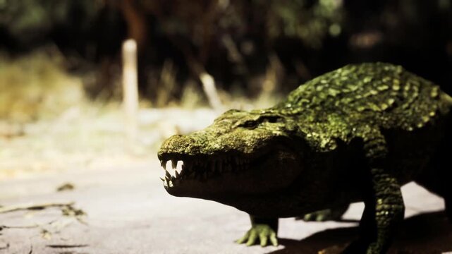 Closeup mossy crocodile showing teeth, wildlife photographer documentary shot capturing snarling jaw, dripping saliva and razorsharp fangs, shallow depth detail