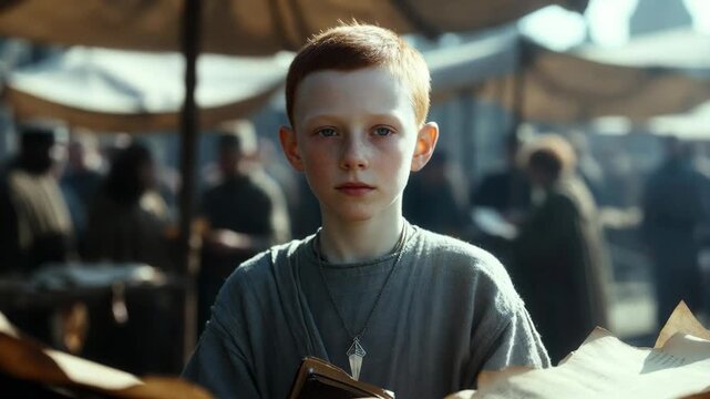Boy with scrolls at busy outdoor market in realistic style on blurred background, concept of learning and curiosity