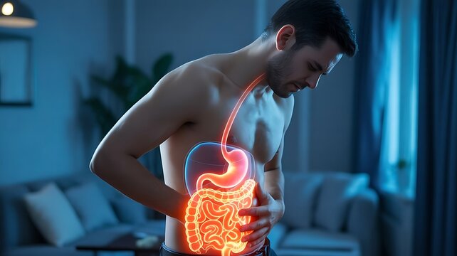 Man experiencing stomach pain with digital digestive system overlay in bedroom