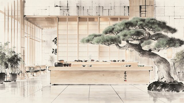 a serene interior of a minimalist restaurant with a bonsai tree and wooden decor