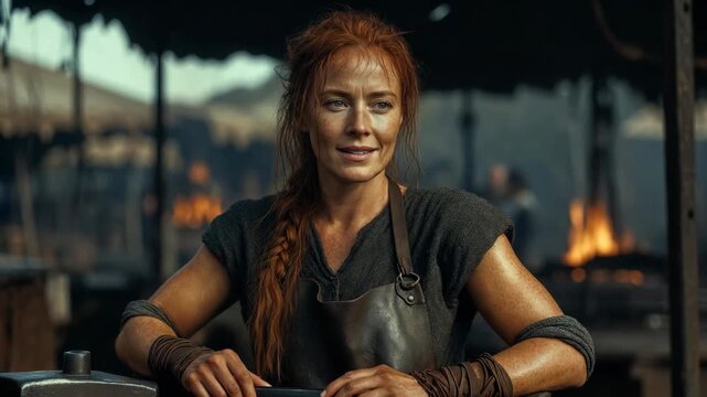 A female blacksmith at work in realistic style on a dim forge background, concept of strength and craft