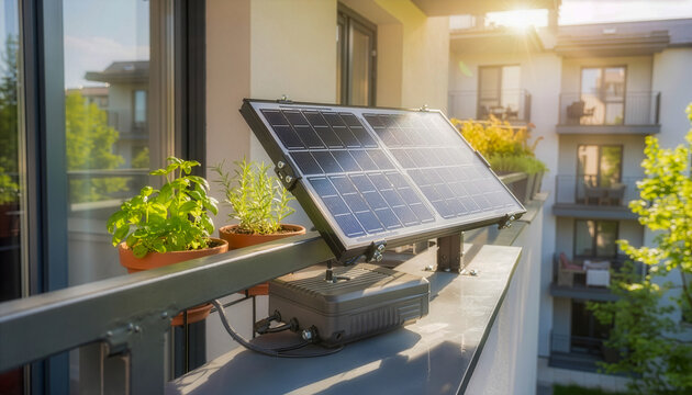 Balcony power system solar panel on a Balcony with the sun shining on it