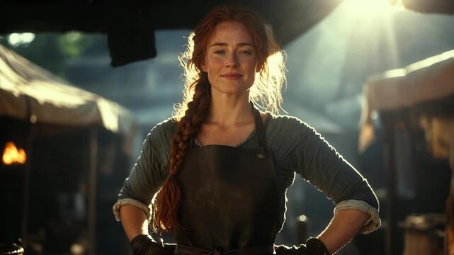 A woman blacksmith smiling in warm sunlight, shown in natural photo style on a workshop background, concept of craftsmanship