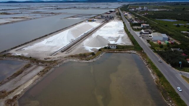 Aerial wide angle of Messolonghi salt mountains and evaporation ponds