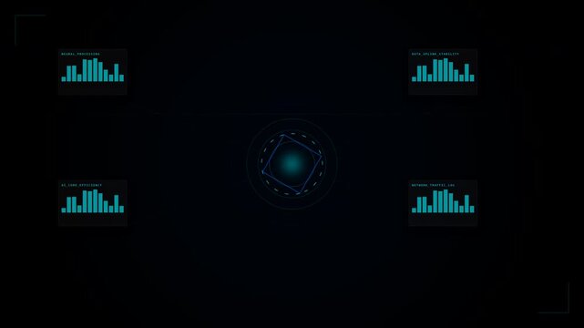 Futuristic Digital Interface with Dynamic Data Visualization and Holographic Elements in a Sleek Dark Environment Video