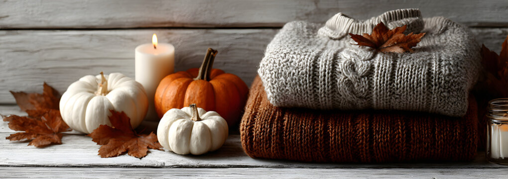 Autumn country farmhouse double border over a white wood banner background. Orange and white cloth pumpkins, sweaters, candles, and fall leaves. Top view with copy space.