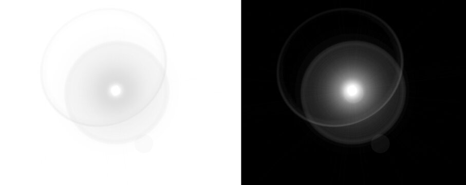 Glowing white and black gradient spheres with transparent overlays on split white and black backgrounds isolated on transparent background