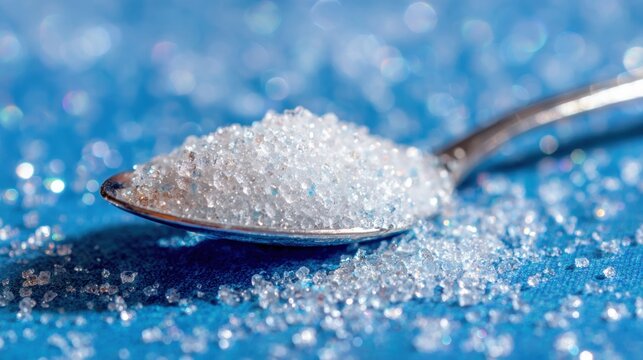 White sugar sits on a metal spoon against a blue background with sparkles