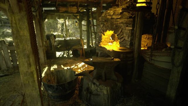 Luminous blaze highlights ruined temple with sacred relics displayed. Glowing fire illuminates shattered forge and ornate relics within forgotten sacred space