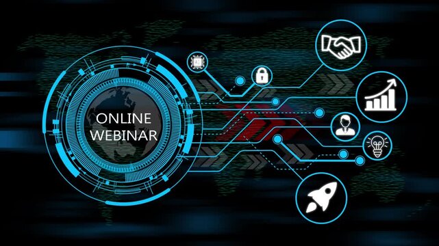 Digital online webinar design and futuristic user experience concept infographic, Glowing circular dashboard with business, technology, icons and integrated network. world map background