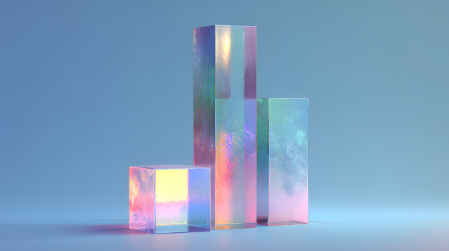 Stacked frosted glass ledger blocks threaded by a cyan laser