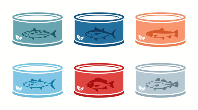Six stylized cans of fish, each depicting a different type of fish in a simple, clean design