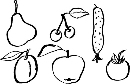 Hand-drawn fruit and vegetable set. Black and white graphic sketch of apple, pear, plum, cherry, cucumber and tomato with pencil texture isolated on white