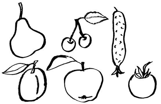 Hand-drawn fruit and vegetable set. Black and white graphic sketch of apple, pear, plum, cherry, cucumber and tomato with pencil texture isolated on white