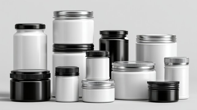 Assorted supplement jars high contrast display arranged on neutral backdrop with black and white finishes, screw caps and wide mouths, varied sizes for powder and capsules, studio lighting emphasizes