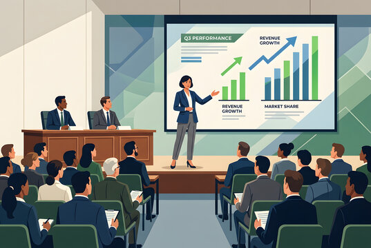 Businesswoman presenting q3 performance, revenue growth and market share.