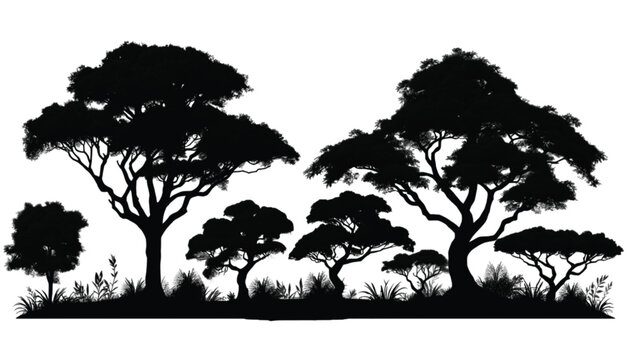 Trees with wide canopies forming a savanna landscape are depicted in a stark black silhouette style to provide a dramatic natural backdrop for environmental or conservation themed graphic layouts.