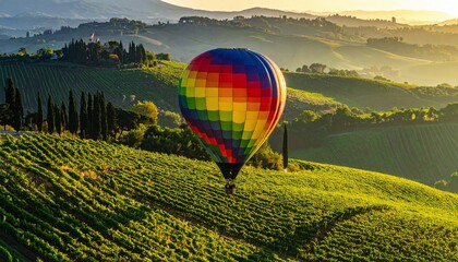 Obraz premium Vibrant rainbow hot air balloon floating over golden vineyards at sunrise. A breathtaking view of rolling hills and nature, perfect for luxury travel and wine tourism promotional content.