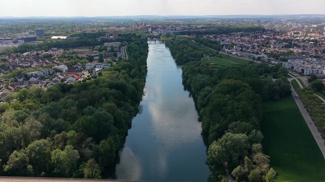 Drone footage highlights a traffic bottleneck on the Bundesautobahn 9 near Ingolstadt. The Danube bridge is filled with slow moving vehicles as reconstruction work restricts lanes in Upper Bavaria.