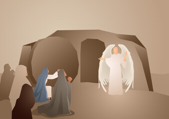 Obraz premium Biblical vector illustration series, angel at the empty tomb, resurrection of Jesus.