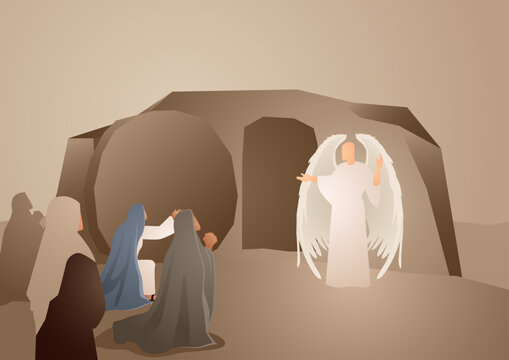 Biblical vector illustration series, angel at the empty tomb, resurrection of Jesus.
