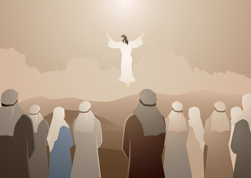 Biblical vector illustration series, Ascension of Jesus Christ, witnesses watching Jesus rise to heaven.
