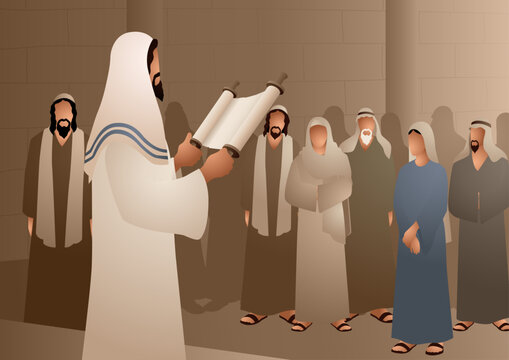 Biblical vector illustration series, Jesus Reading Scripture in Synagogue, teaching scene inspired from Luke 4 16-30.