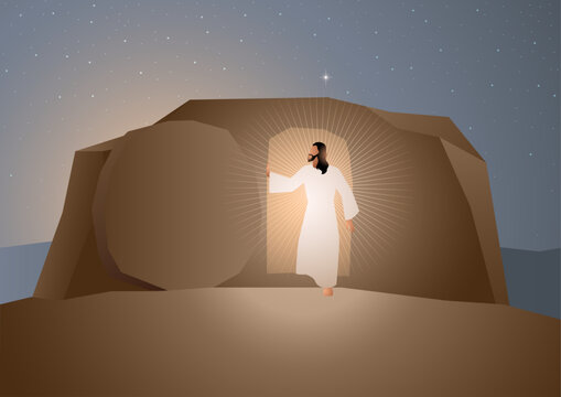 Biblical vector illustration series, Resurrected Jesus Christ Emerging from the Empty Tomb, Easter Lent Holy Week holiday theme.