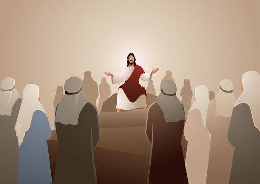 Biblical vector illustration series, Jesus teaching, sermon on the mount, Matthew 5 7.