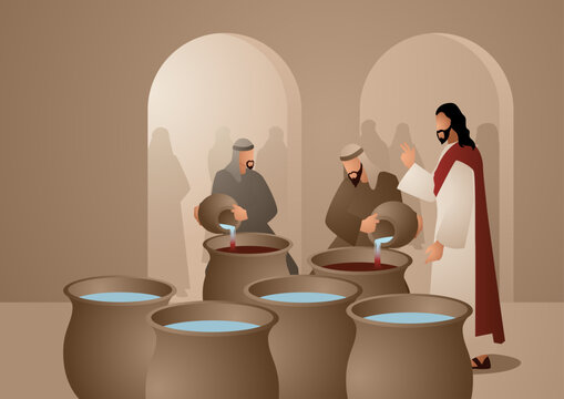 Biblical vector illustration series, Jesus Turns Water Into Wine at Cana.