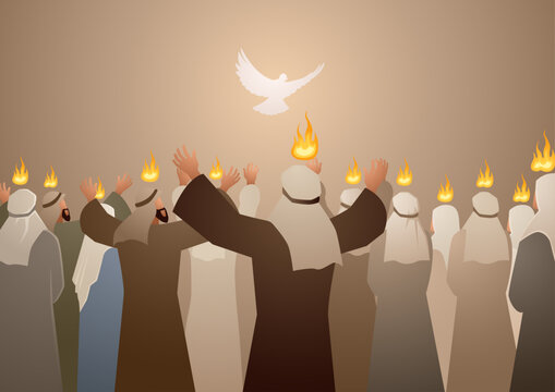Biblical vector illustration series, Pentecost Holy Spirit Descending on the Apostles.