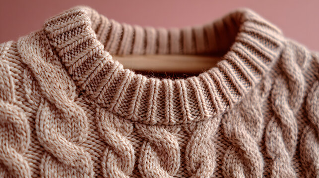 A solid color background is being used to create an isolated beige knit sweater with a cable knit pattern and thick ribbed collar.