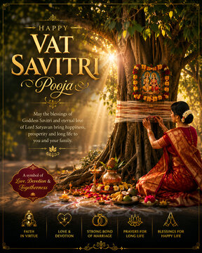 Elegant Vat Savitri Puja Greeting Card with Sacred Ritual and Traditional Women