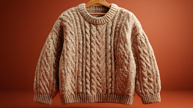 Isolated beige knit sweater with cable knit pattern and thick ribbed collar on solid color backdrop.