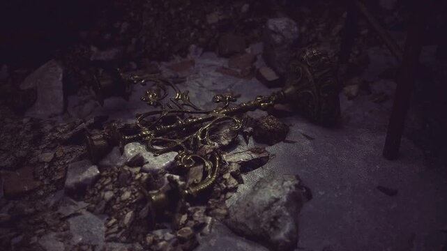 Gold ornaments tangled on icy pavement scattered near wet backstreet, neon glint on metal, implied crime scene, gritty texture, cinematic night mood