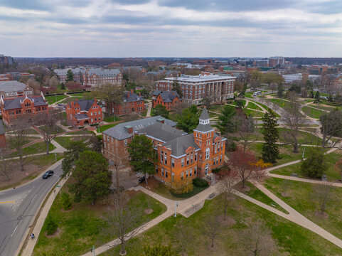 Robert S. Linton Hall aerial view in Michigan State University in East Lansing, Michigan MI, USA. This building is the home of College of Arts and Letters. 