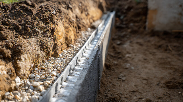 Freshly excavated drainage ditch with gravel and pipe installation, showing earthwork for construction or landscaping project, bright daylight