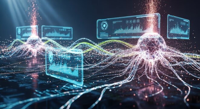 Abstract digital data visualization with flowing lines and glowing screens