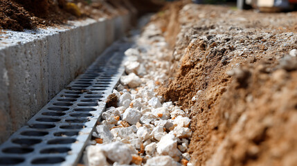 Fototapeta premium Newly Installed Drainage System Trench with Concrete Barrier and Gravel, Ready for Water Runoff and Erosion Control on a Construction Site