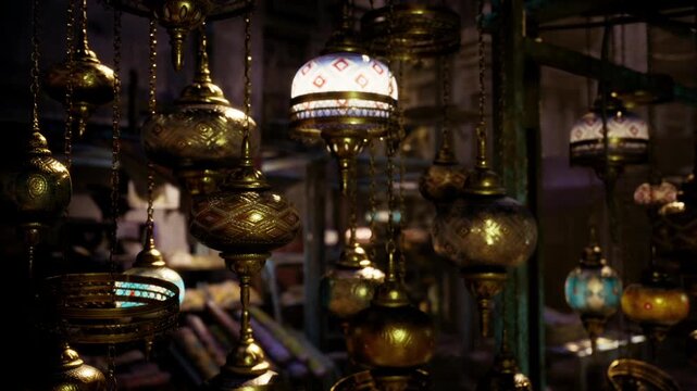Closeup handcrafted brass lamp with colorful glass, artisan polishing metal surface, delicate perforated pattern revealing warm light, shallow depth of field,