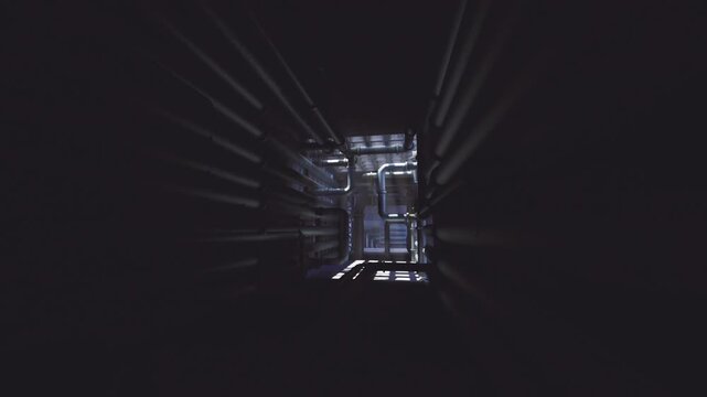 Overhead industrial shaft with light, narrow vertical view into metal duct, radial beam patterns cast strong shadows across pipes and grated platform, gritty