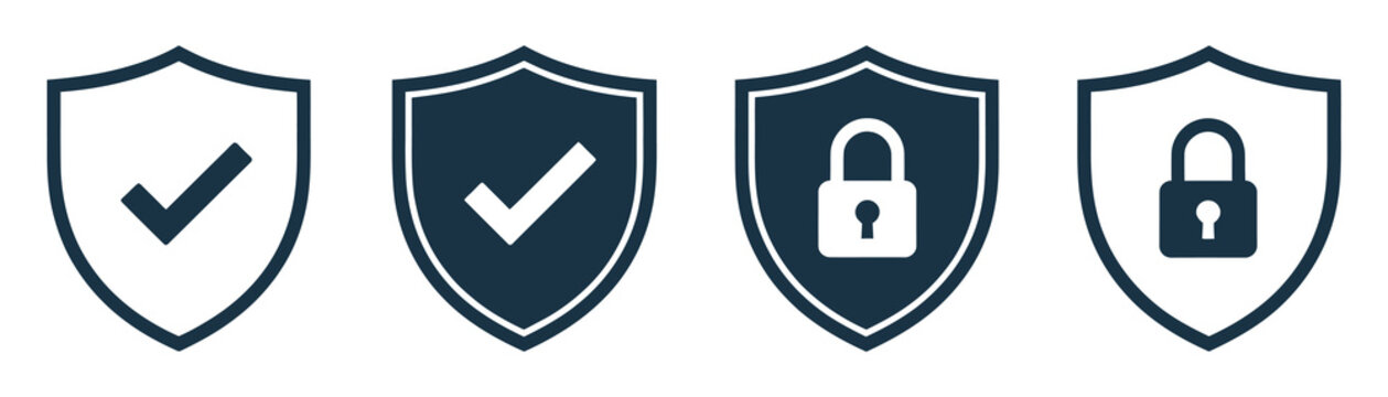 Security shield illustration showing protective shield symbols with padlock and check mark for digital security, privacy protection, and safe system design concepts.