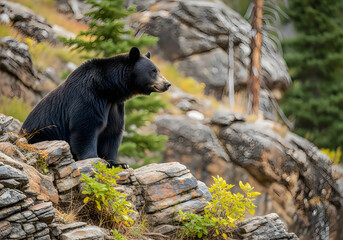 Obraz premium Majestic black bear foraging in rocky mountain wilderness a wildlife portrait