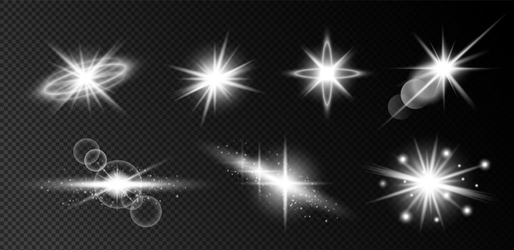 Collection of glowing white light flares with sparkling particles, abstract starbursts and luminous shine effects isolated on transparent background. Futuristic vector overlays for visual effects, mot