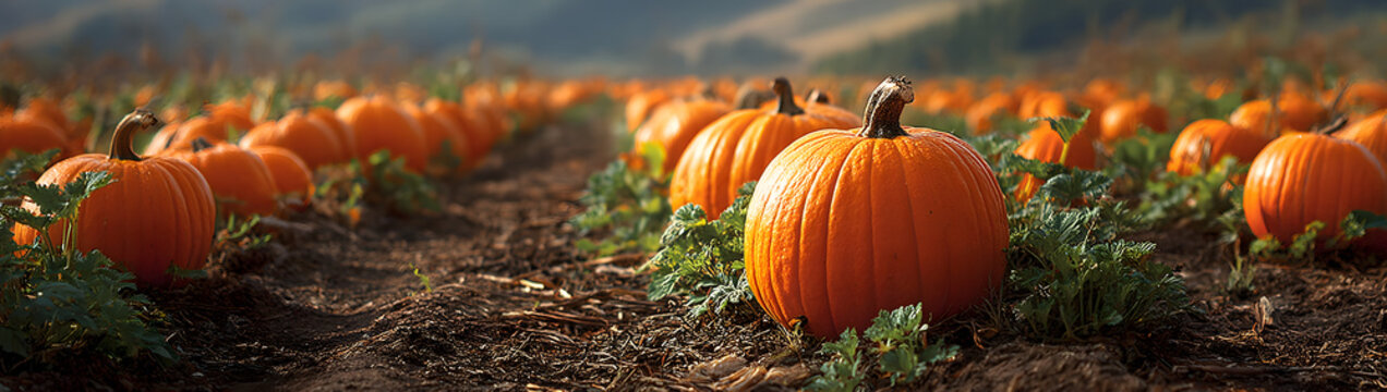 During the autumn harvest, a field is filled with ripe pumpkins.