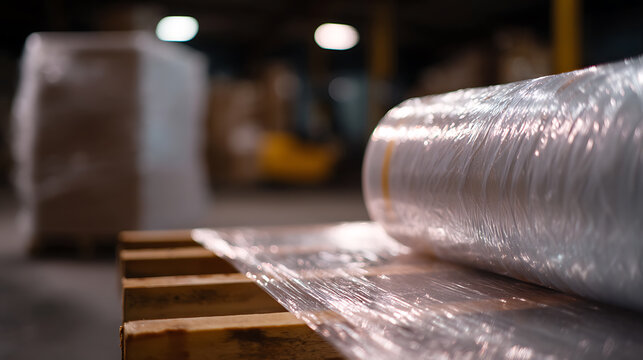 Close up of Clear Shrink Wrap Roll on Wooden Pallet in Warehouse Environment for Shipping and Packaging Logistics Operations